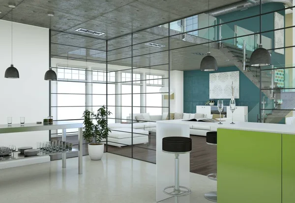 Grüne moderne Küche in einem Loft mit schönem Design — Stockfoto