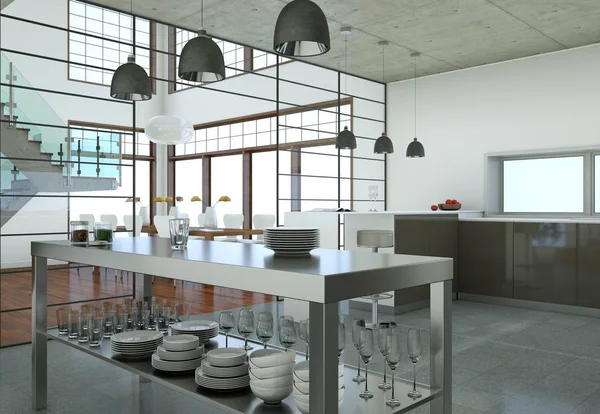 Серая современная кухня в мансарде с красивым дизайном — стоковое фото