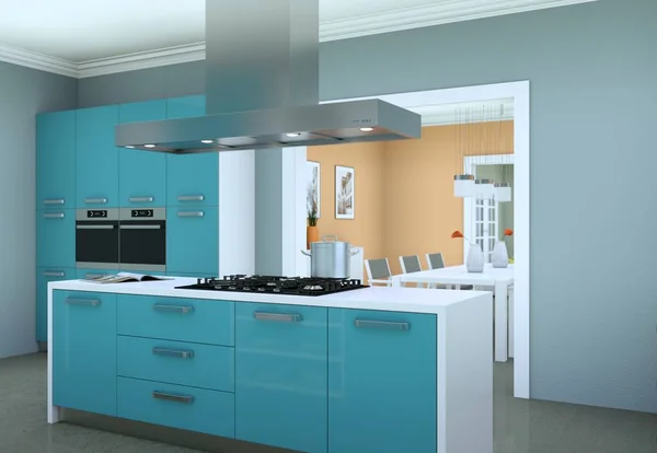 Синя сучасна кухня в квартирі з красивим дизайном — стокове фото