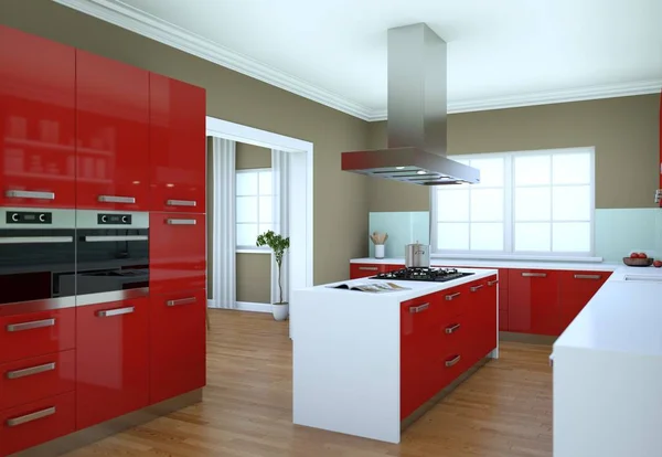 Cocina moderna roja en un piso con hermoso diseño — Foto de Stock