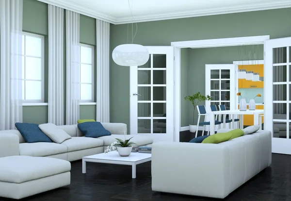 Moderno diseño interior luminoso salón con sofás —  Fotos de Stock