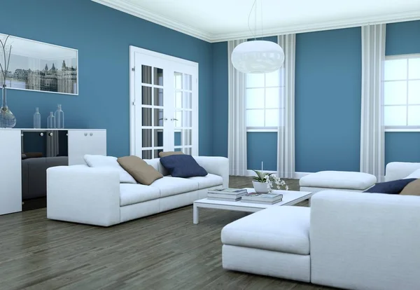 Modern ruang tamu desain interior cerah dengan sofa — Stok Foto