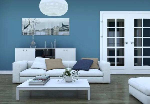 Modern bright living room interior design with sofas