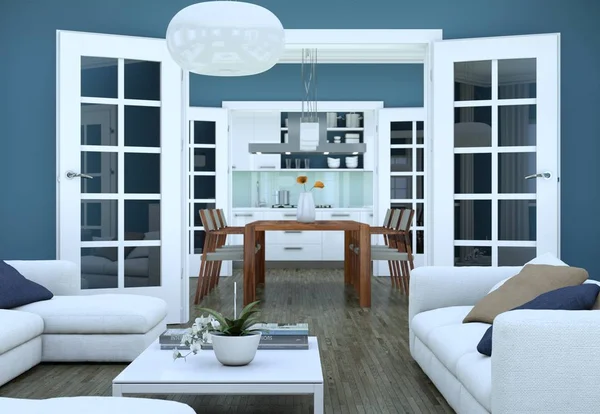 现代明亮客厅室内设计与沙发 — 图库照片