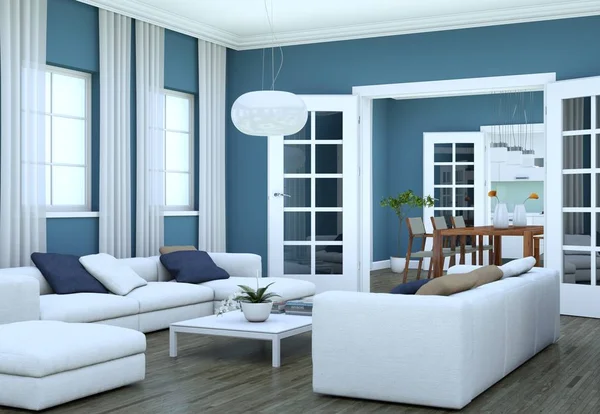 Modern bright living room interior design with sofas