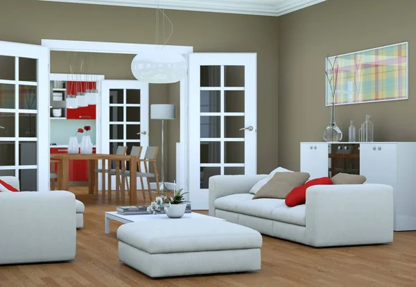 Modern ruang tamu desain interior cerah dengan sofa — Stok Foto