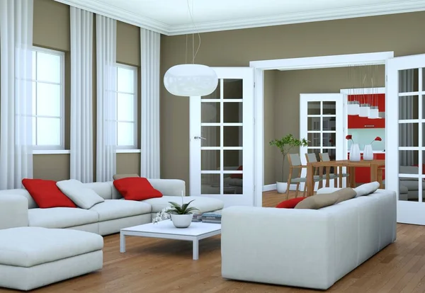 Moderna sala de estar brilhante design de interiores com sofás — Fotografia de Stock