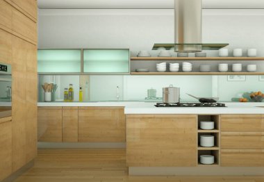 Güzel tasarımlı bir dairede ahşap modern mutfak