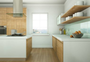 Güzel tasarımlı bir dairede ahşap modern mutfak