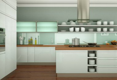 Güzel tasarımlı bir dairede beyaz modern mutfak