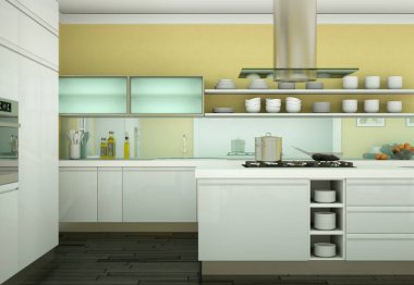 Güzel tasarımlı bir dairede beyaz modern mutfak