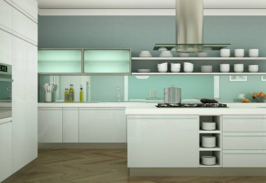 Güzel tasarımlı bir dairede beyaz modern mutfak