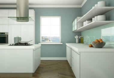 Güzel tasarımlı bir dairede beyaz modern mutfak