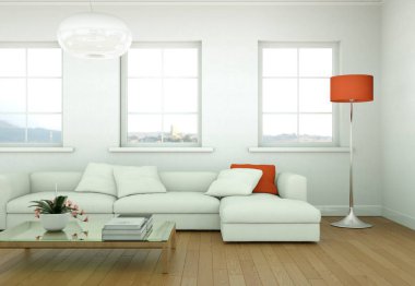 Modern aydınlık oturma odası iç tasarım kanepeler ile