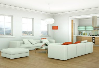 Modern aydınlık oturma odası iç tasarım kanepeler ile