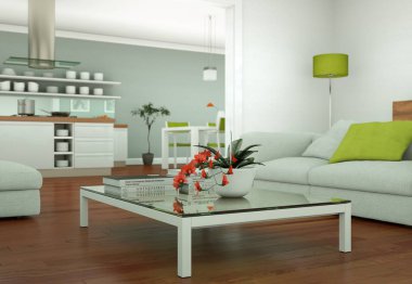 Modern aydınlık oturma odası iç tasarım kanepeler ile