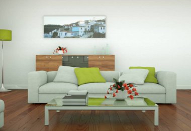 Modern aydınlık oturma odası iç tasarım kanepeler ile