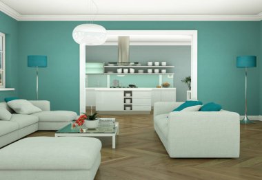 Modern aydınlık oturma odası iç tasarım kanepeler ile