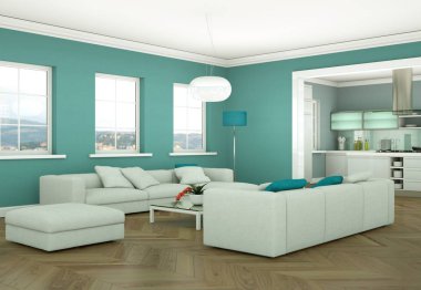 Modern aydınlık oturma odası iç tasarım kanepeler ile