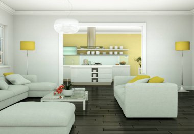 Modern aydınlık oturma odası iç tasarım kanepeler ile