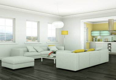 Modern aydınlık oturma odası iç tasarım kanepeler ile