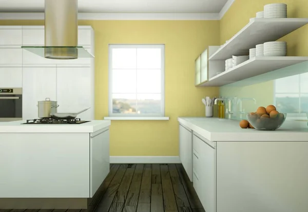 白色现代厨房在一个平面与美丽的设计 — 图库照片