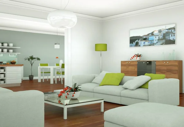Modern, világos nappali lakberendezés, kanapé — Stock Fotó