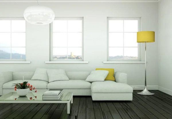 Moderno diseño interior luminoso salón con sofás — Foto de Stock