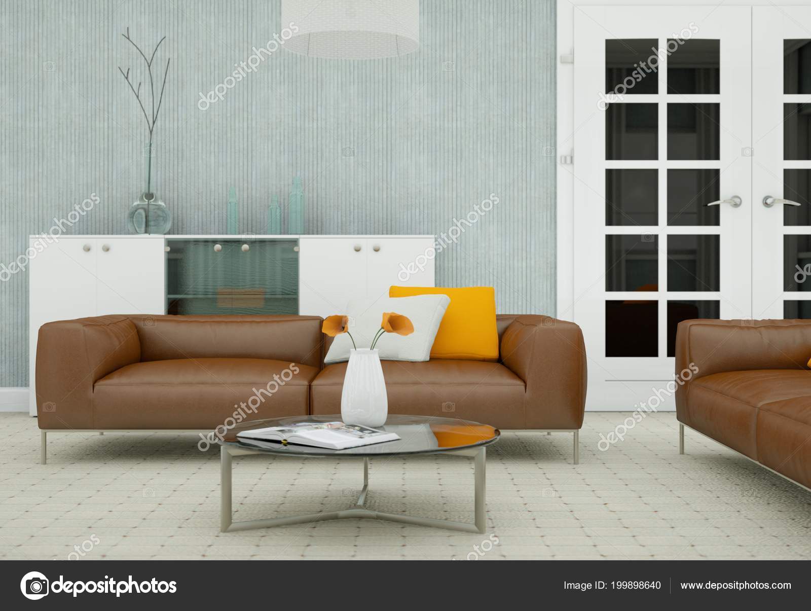 Modern Living Room Interior Design Brown Leather Sofas
