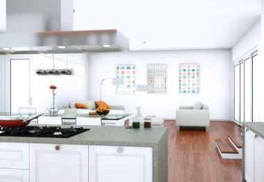 Güzel tasarımlı bir dairede beyaz modern mutfak