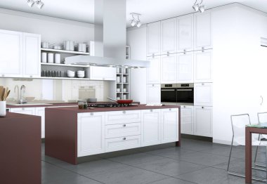 Güzel tasarımlı bir dairede beyaz modern mutfak