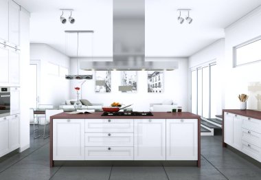 Güzel tasarımlı bir dairede beyaz modern mutfak