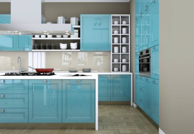 Güzel tasarımlı bir dairede mavi modern mutfak