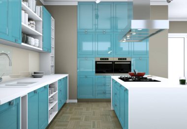 Güzel tasarımlı bir dairede mavi modern mutfak