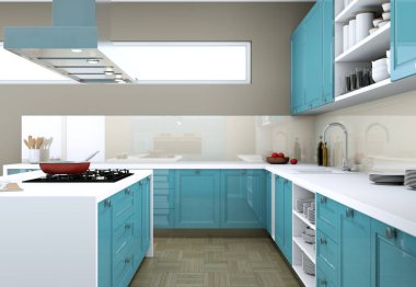 Güzel tasarımlı bir dairede mavi modern mutfak