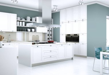 Güzel tasarımlı bir dairede beyaz modern mutfak