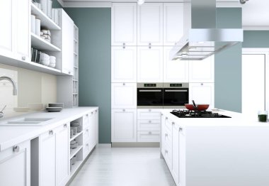 Güzel tasarımlı bir dairede beyaz modern mutfak