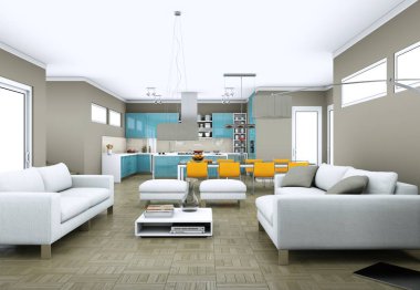 Modern aydınlık oturma odası iç tasarım kanepeler ile