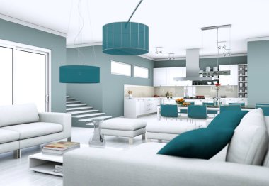 Modern aydınlık oturma odası iç tasarım kanepeler ile