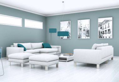 Modern aydınlık oturma odası iç tasarım kanepeler ile