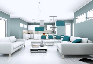 Modern aydınlık oturma odası iç tasarım kanepeler ile