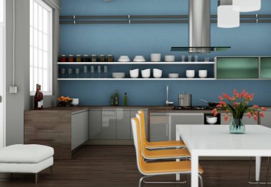 Çatı katında güzel tasarım ile gri modern mutfak