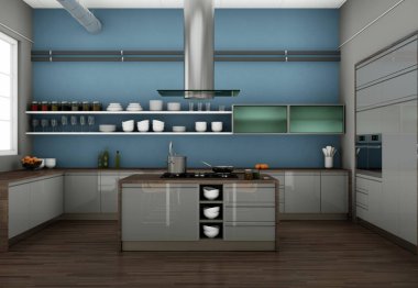 Çatı katında güzel tasarım ile gri modern mutfak