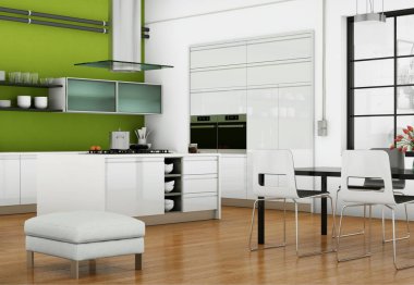 Çatı katında bir yeşil duvar ile beyaz modern mutfak