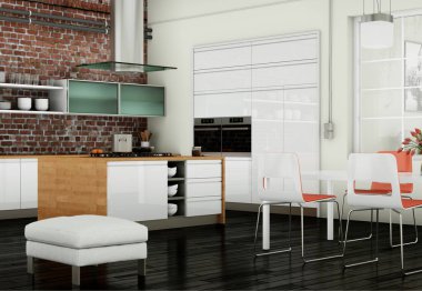 Çatı katında bir stonewall ile beyaz modern mutfak