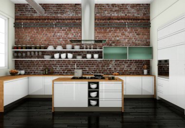 Beyaz modern mutfak bir çatı katında bir stonewall ile 3D çizimi
