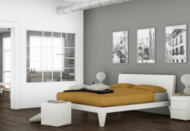 modern bedroom with 3 Photoframes on the Wall clipart