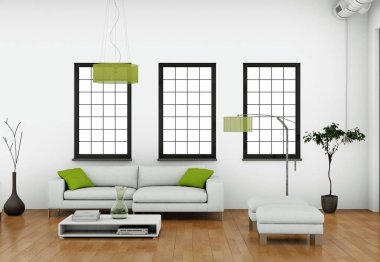 Modern aydınlık oturma odası iç tasarım kanepeler ile