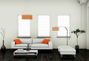 Modern aydınlık oturma odası iç tasarım kanepeler ile