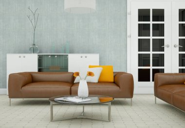 Modern oturma odası iç dizayn kahverengi deri koltuklar ile 3d çizim